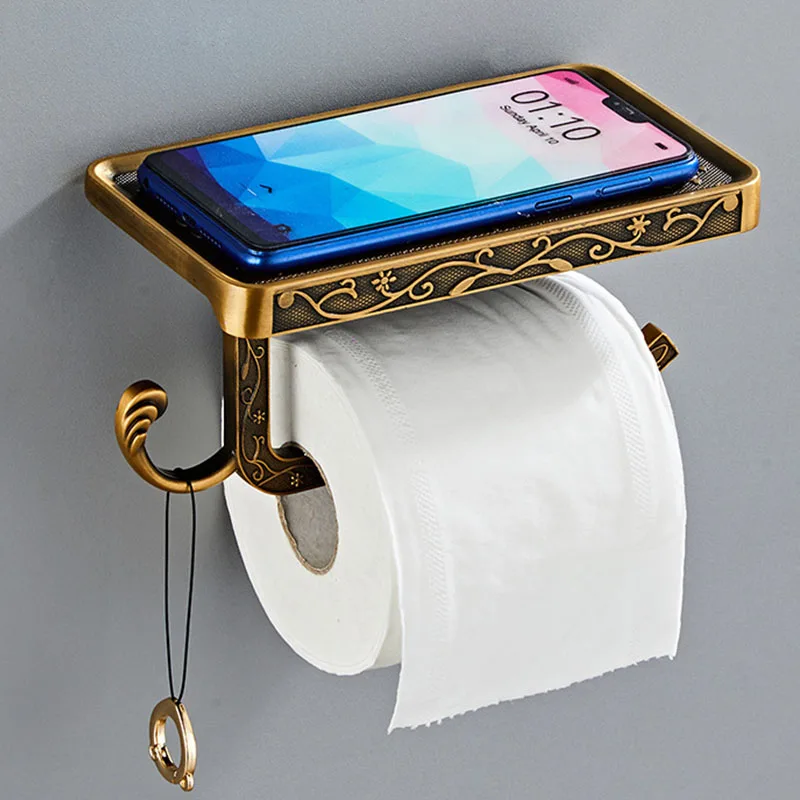 

Antique Vintage Bronze Carving Bathroom With Phone Shelf Towel Roll Tissue Aluminum Rack Toilet Paper Holder