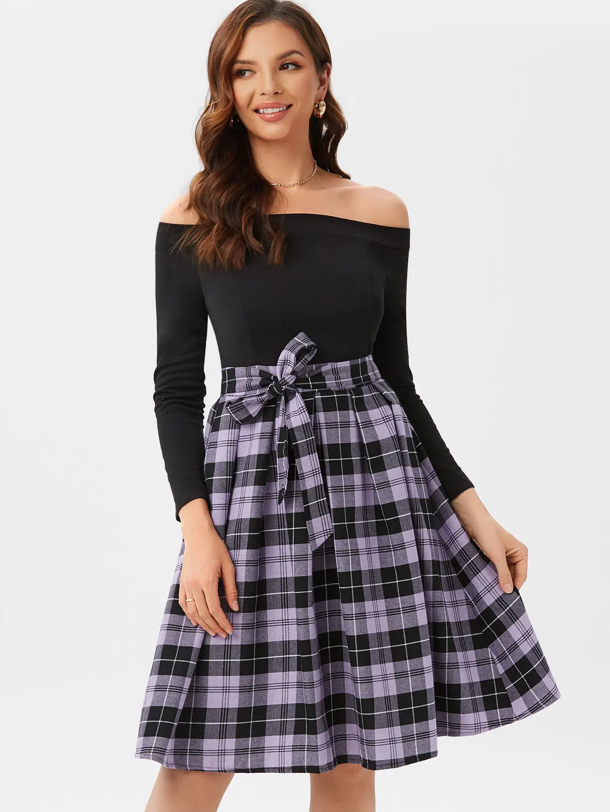 

Женское винтажное платье с открытыми плечами, повседневное и вечернее платье-трапеция в клетку, осень 2022