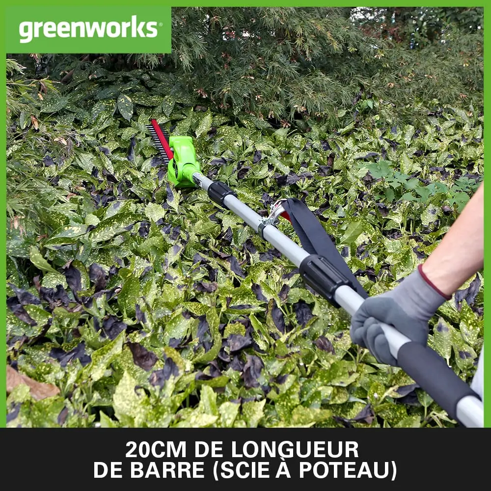 Фото Greenworks G24PSH 2-в-1 триммер для шеста и живой изгороди с батарейным питанием и плечевым ремнем, направляющая для бензопилы 20 см, триммер для живой изгороди 51 см, №3