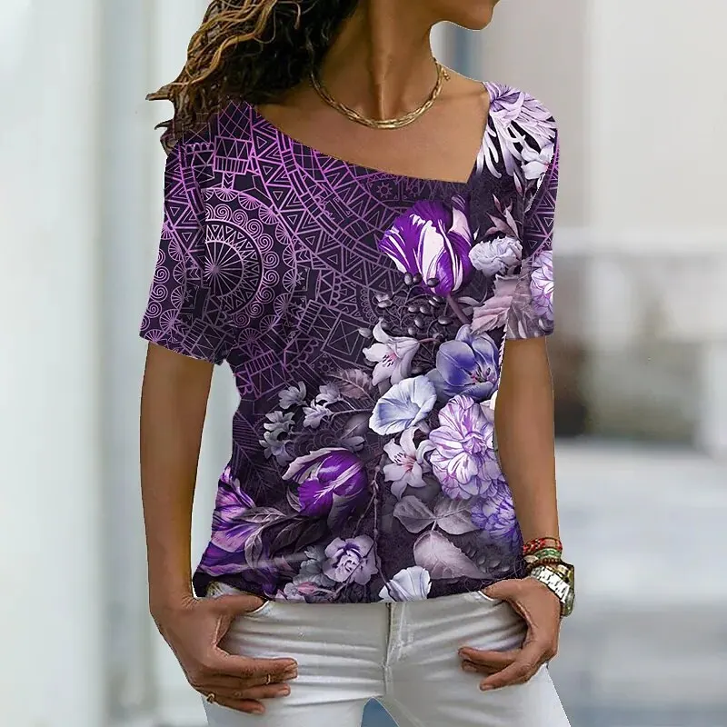 Женская футболка с коротким рукавом V-образным вырезом и цветочным принтом -