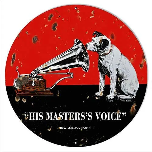 

“HIS MASTERS'S VOICE” Panhandle Gasoline Garage Round Metal Tin Sign Suitable for Home and Kitchen Bar Cafe Garage Wall