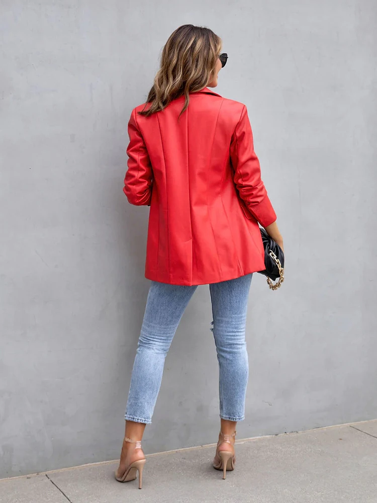 WYWMY Faux Leather Jacket Autumn Oversized Solid Color Blazer Jacket Women Long Sleeve Double Breasted Y2K Jacket Fashion Coat