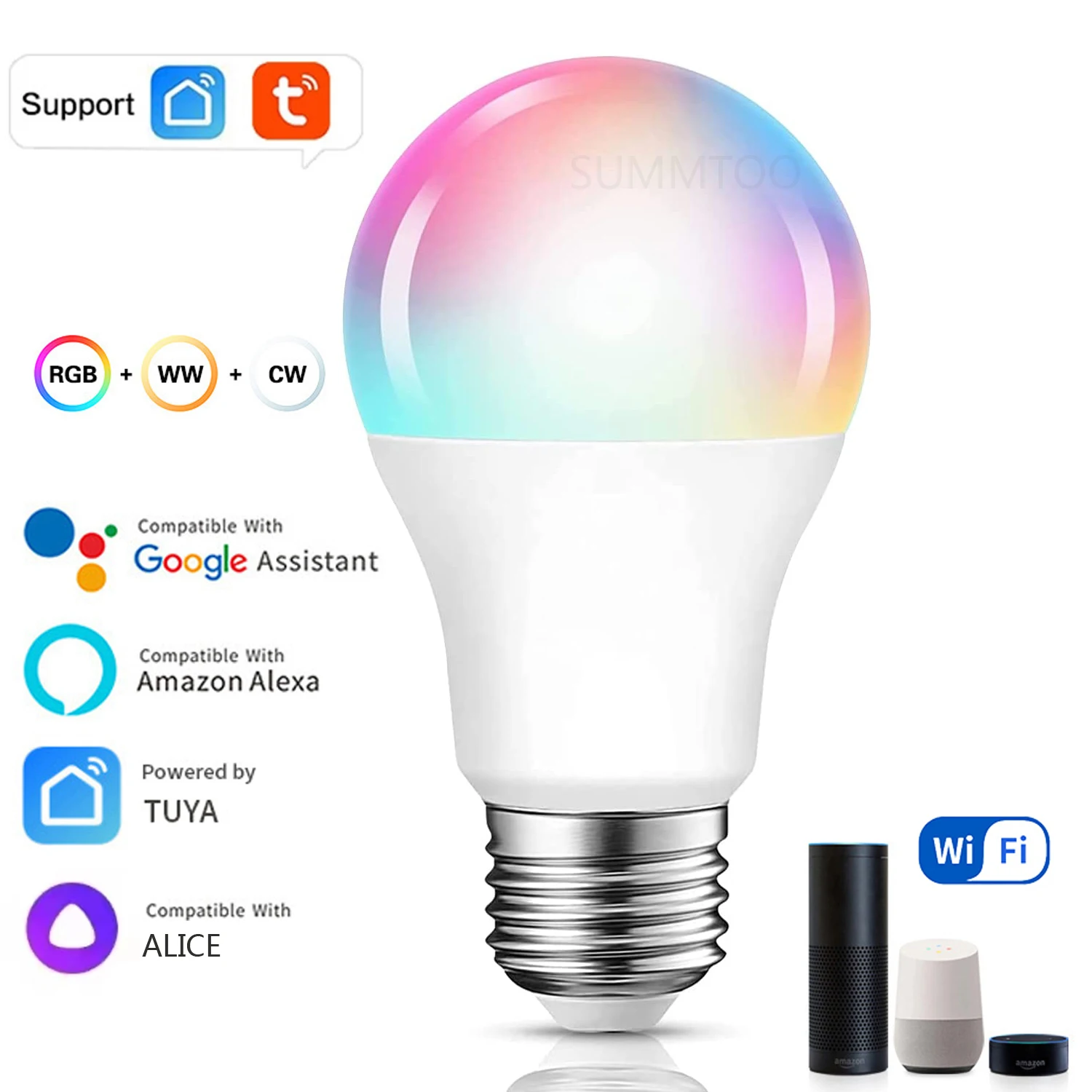 

Tuya WiFi Led Light Bulb E27 Dimmable RGBCW Lamp Smart Life App Compatible With Alexa Google Assistant Alice Voice Control