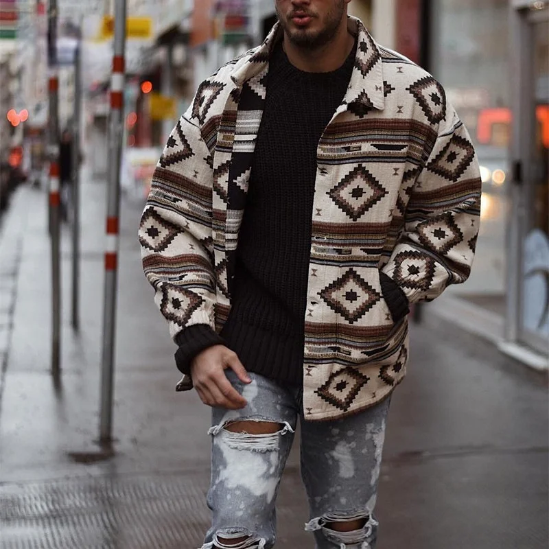 

Men Coat Spring and Autumn Fashion Trendy Thin Geometric Pattern Printing Lapel Single-breasted Long-sleeved Loose Jacket