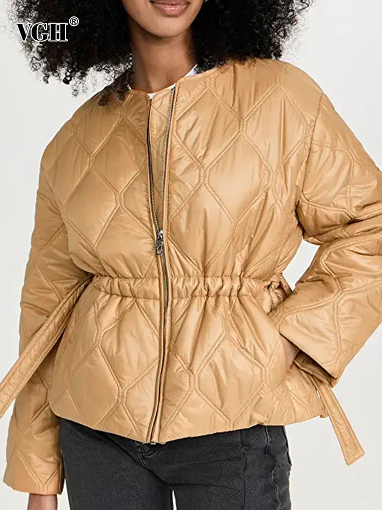 

VGH Solid Plaid Loose Parkas For Women Round Neck Long Sleeve Spliced Drawstring Tunic Casual Winter Coat Female Fashion Style