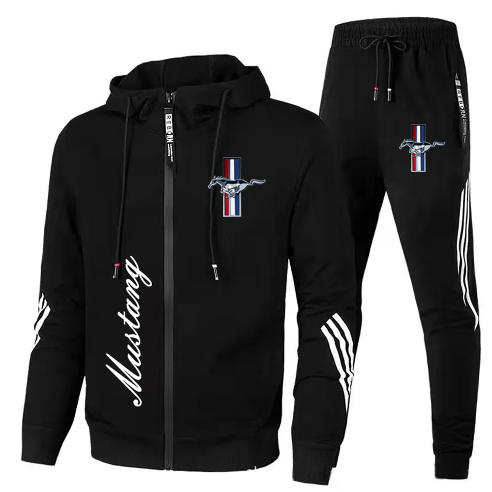 

New Men's Sportswear Ford Mustang Car Logo Printed Hooded Sweatshirt+Trousers Casual Fit Running Fitness Men's Sportswear 2PK