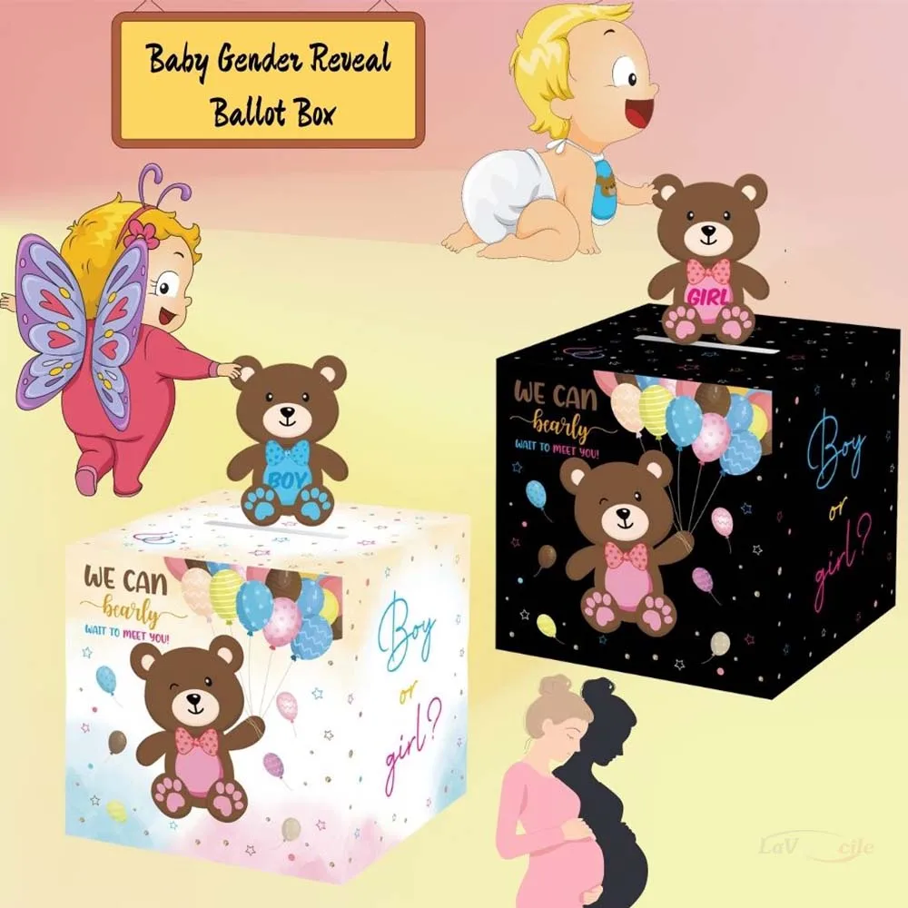 

Baby Gender Reveal Voting Game Box with 24 Pieces Bear Ballot Cards, Bear Baby Shower Design Voting Box Gender Reveal Party Sup