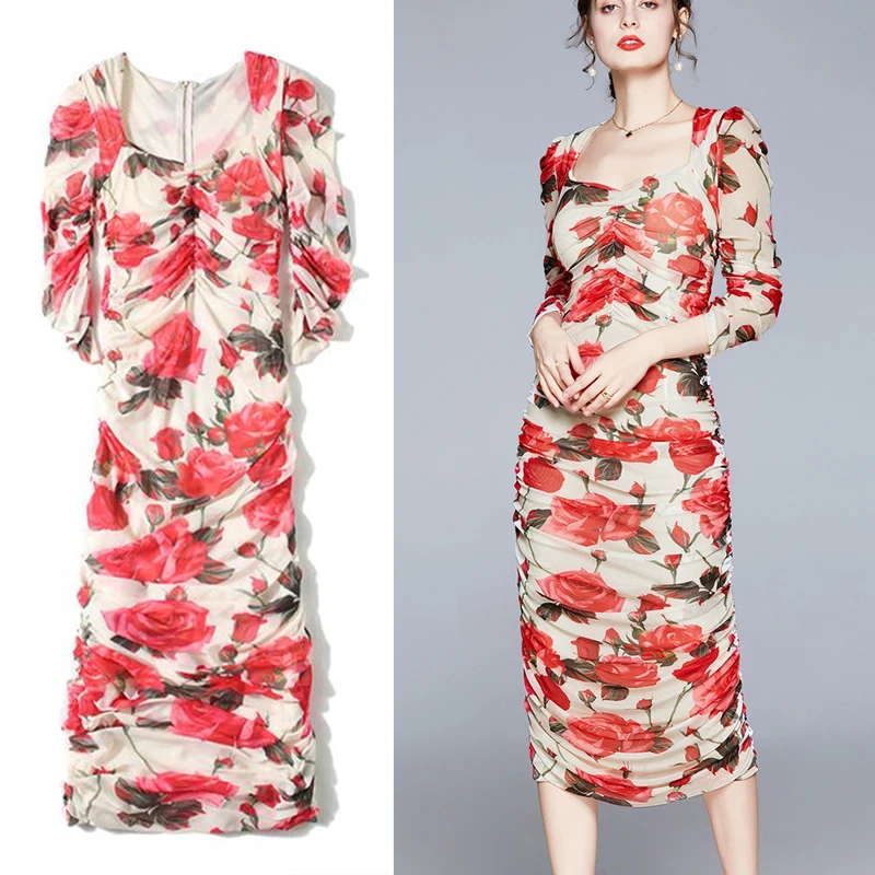 

Женское винтажное платье с квадратным вырезом, Сетчатое облегающее платье с длинным рукавом и цветочным принтом, лето-весна