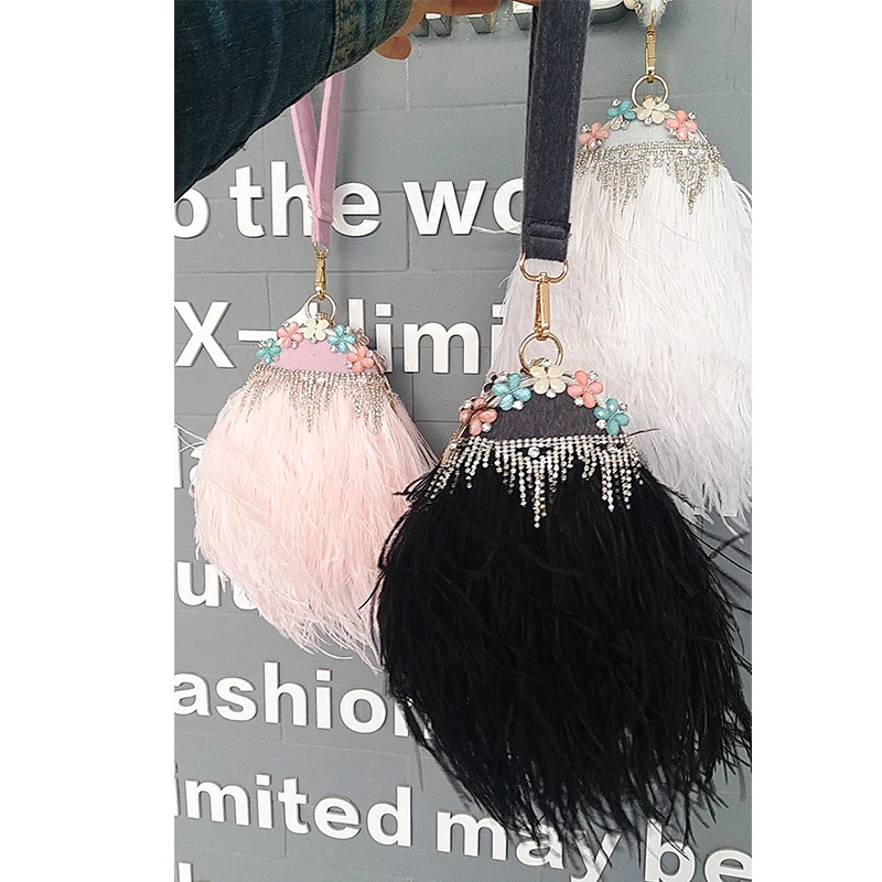 Luxury Ostrich Feather Party Clutch Evening Bag Designer Purses and Handbags for Women Rhinestone Wedding Chain Shoulder