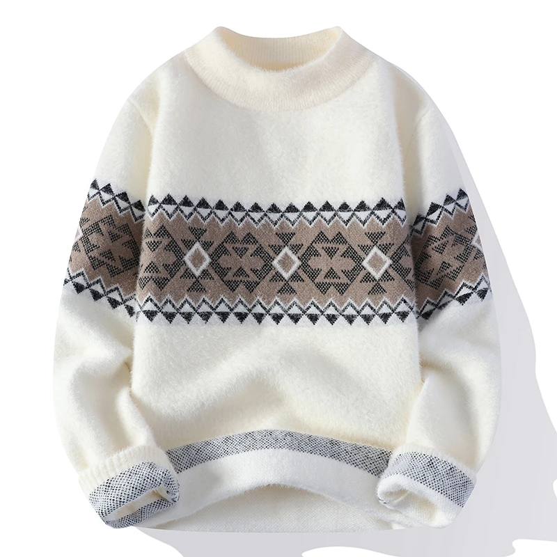 

High-quality Men's Winter Sweater Classic Clothes Jacquard Weave Handsome Mink Velvet Fashion Half High Collar Korean Pullover