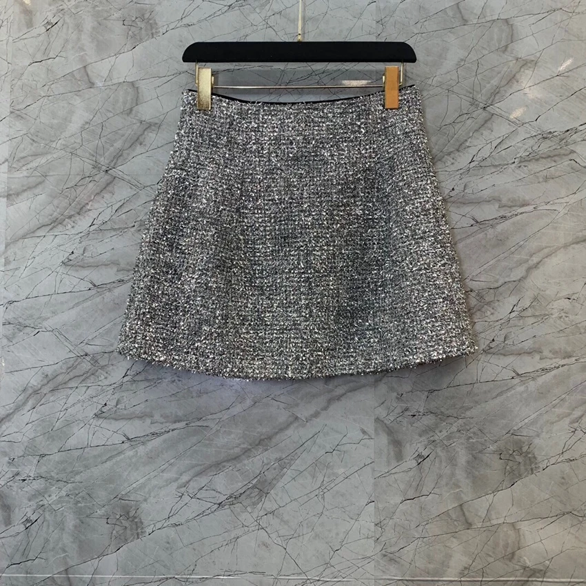 

2023 new women fashion sexy solid color A word pendulum silver silk decoration versatile short skirt skirt 0109