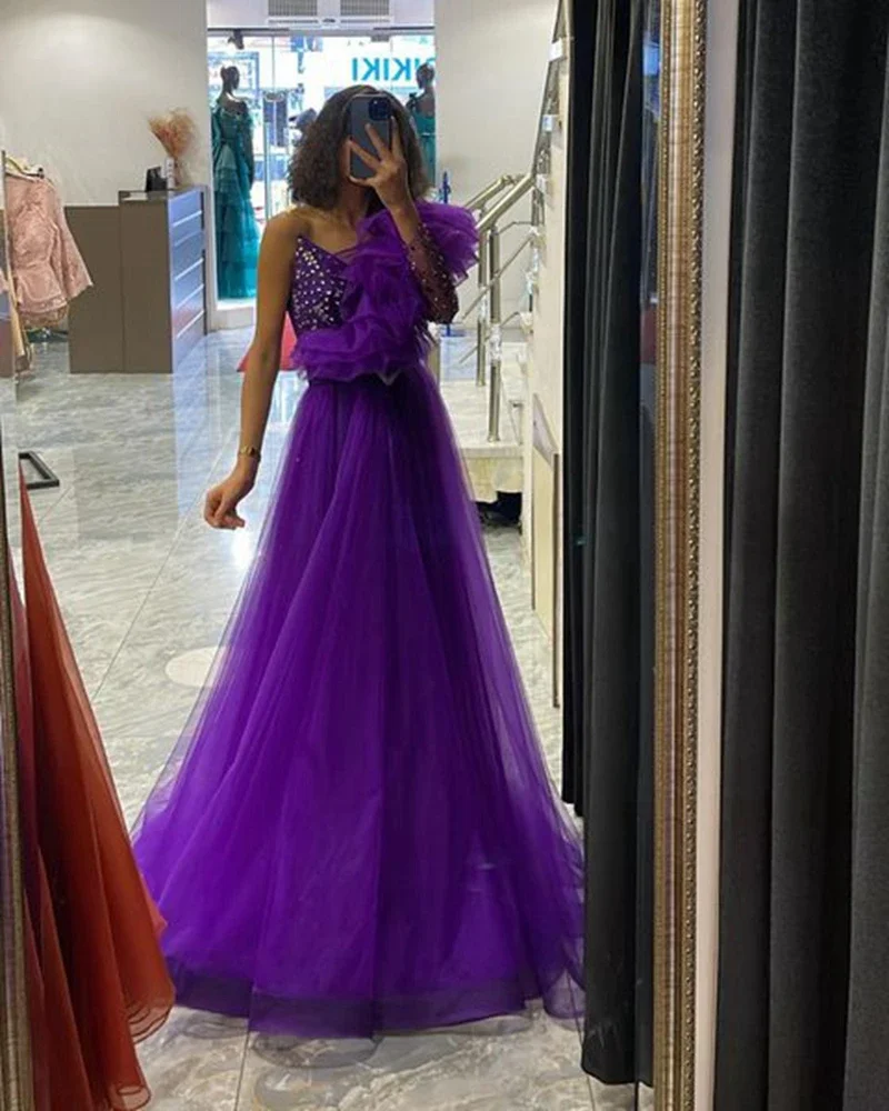 

Сексуальные тюлевые вечерние платья 2022 на одно плечо, Украшенные бусинами, Vestidos De Fiesta, женское современное платье для особых случаев