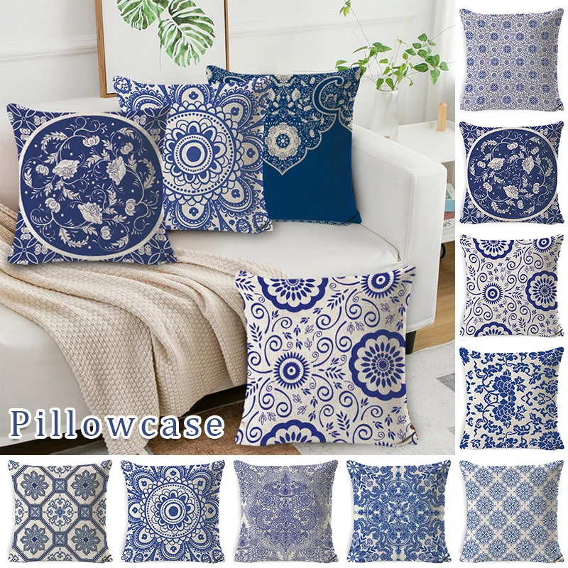 

45x45cm Blue And White Porcelain Printed Flax Pillowcase Home Decoration Sofa Tatami Pillow Cover Office Car Cushion Covers