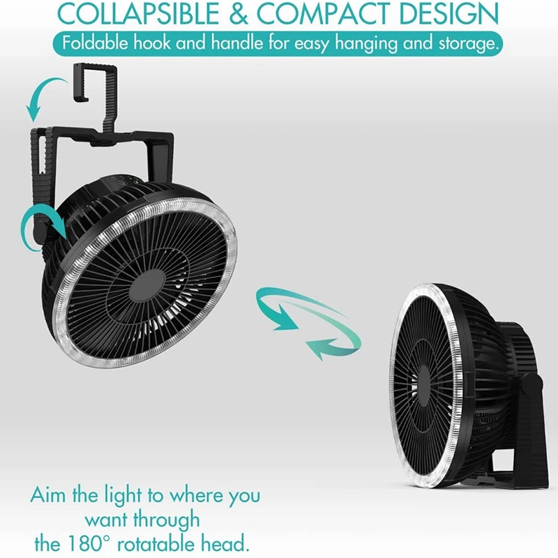 

Походный вентилятор со светодиодный Ной подсветкой, 10000 мА · ч, 8 дюймов, перезаряжаемый портативный вентилятор с крючком для активного отды...
