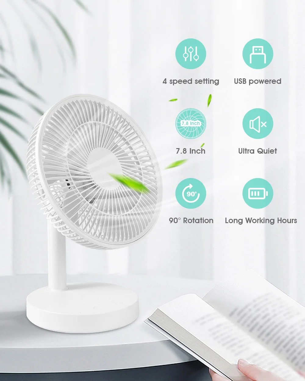 

KASYDoFF Mini Rechargeable Table Fan Better Cooling Perfect , Portable USB Desk Fan for Home Office Bedroom , 4 Speeds