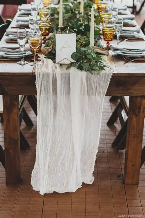 

Popular Wedding Party baby shower decoration cotton gold blush pink dark green beige blue cheesecloth gauze table runner