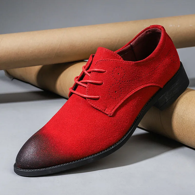 2023 Spring Suede Leather Men Shoes Oxford Casual Shoes Classic Sneakers Footwear Weddding Dress Shoes Large Size Flats Red