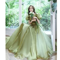 high quality green long evening dress puff sleeve a line v neck banquet gowns lace up backless cocktail party dress