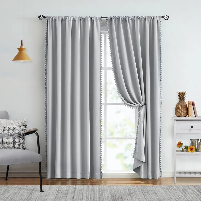 

Pompom Gray Blackout Curtains 84 Inches Long Energy Efficient Room Darkening Drapes for Living Room Bedroom,2 Panels, Rod Pocket