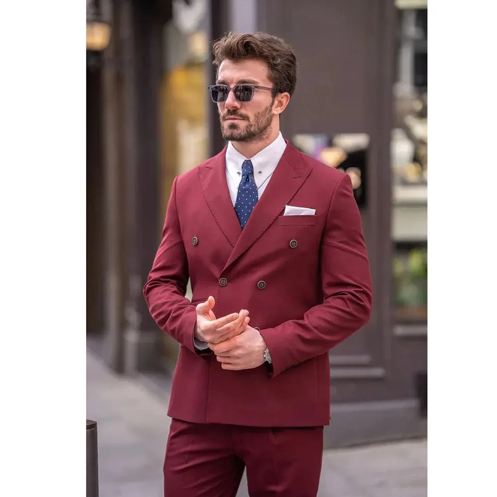 Костюм мужской бордовый из двух предметов красивый пиджак и брюки двубортный
