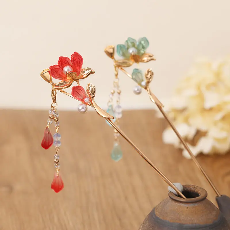 

Ancient Style Vintage Lotus Flower Long Hairpin Chinese Style Tassel Hanfu Hair Forks Chopstick Accessory Women Banquet Jewelry