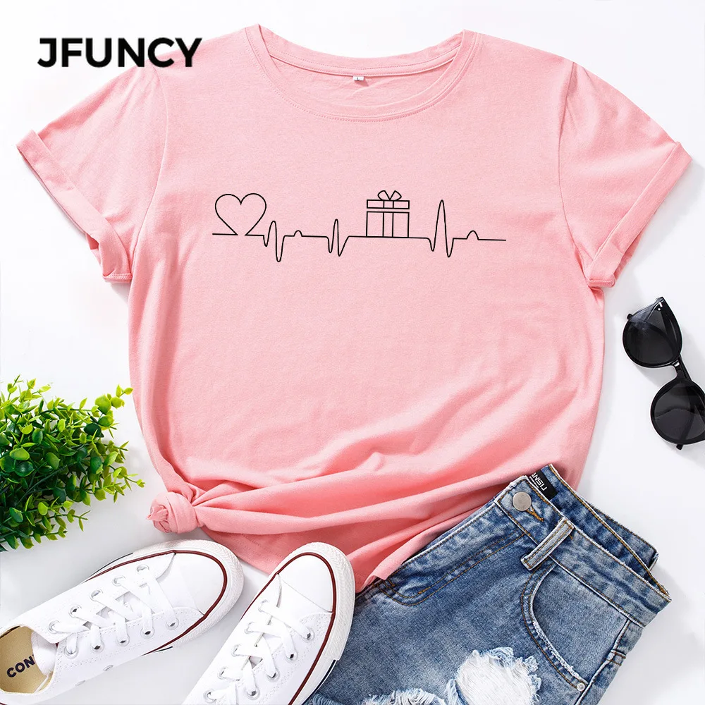 JFUNCY 100% Cotton Women's T-shirt ECG Heart Gift Print Female T Shirt Woman Tops Short Sleeve Casual Graphic Tees