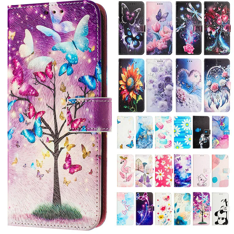 Фото Кожаный чехол-книжка для Honor Magic7 Magic 7 6 5 400 600 200 Lite Pro с милым котом, бабочкой, цветами, кошельком, держателем для карт и подставкой №1