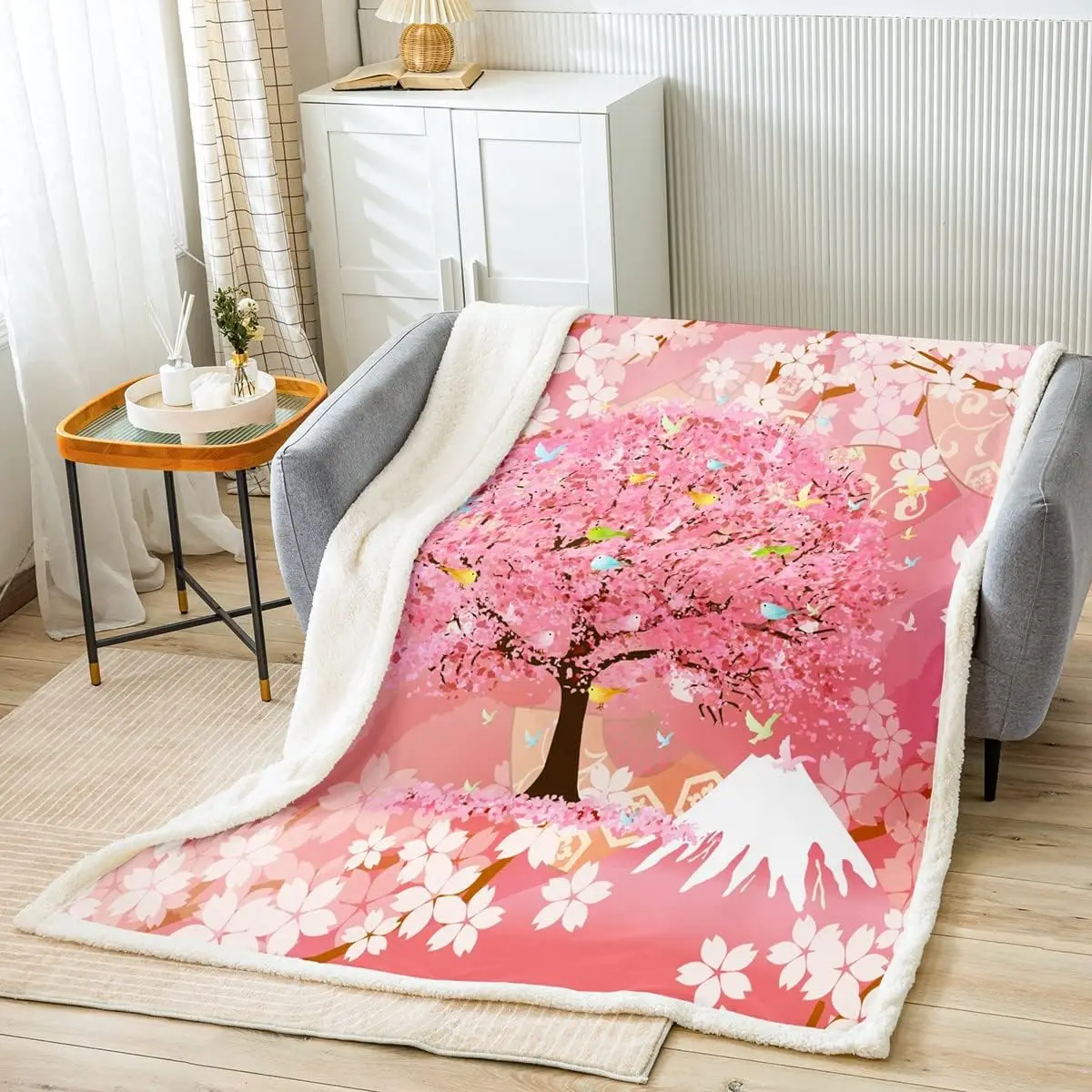 

Pink Cherry Blossom Kids Throw Blanket,Tree Artwork Birds Flowers Romantic Bed Blanket,Girls Boys Adults Xmas