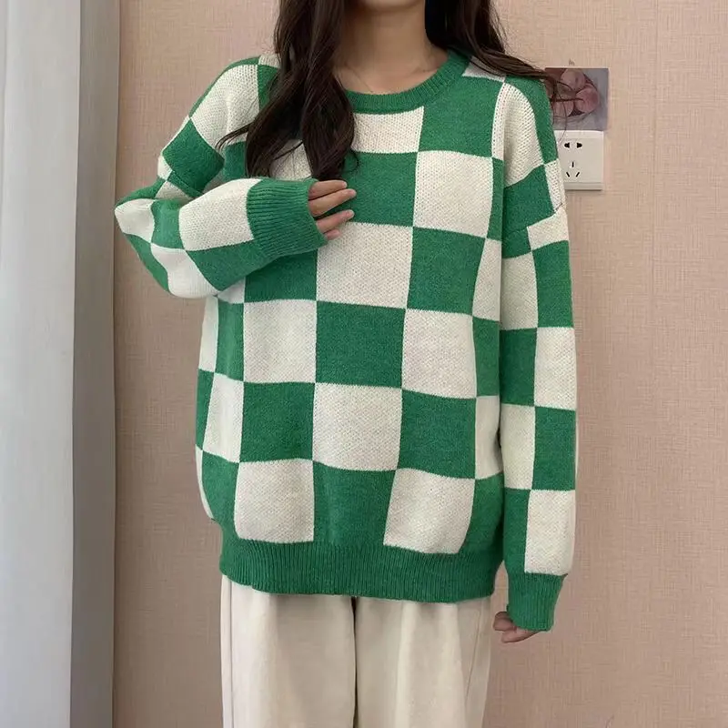 Autumn Winter Sweater Women Korean Fashion Plaid O-Neck Pullovers Streetwear Oversized Sweate Jumper Warm Long Sleeve Top
