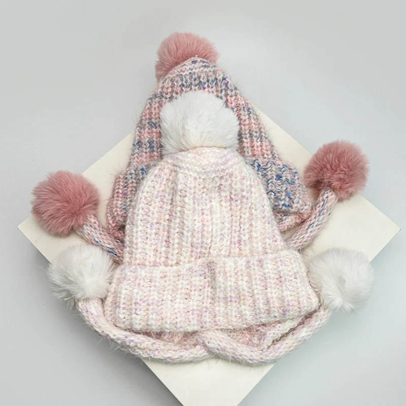 Осенне-зимние новые женские однотонные вязаные шапки с ремешками для волос