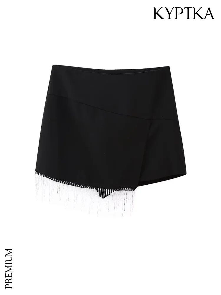 

KYPTKA Women Fashion With Rhinestone Beading Fringed Shorts Skirts Vintage High Waist Side Zipper Female Skort Mujer