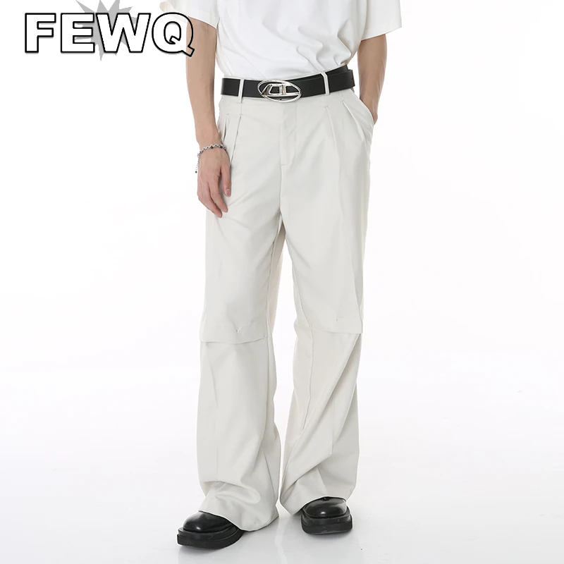 

FEWQ Pleated Men Casual Suit Pants Summer New Korean Style Loose Wide Leg Pants Fashion Fold Solid Clolor Spliced Trousers 9C742