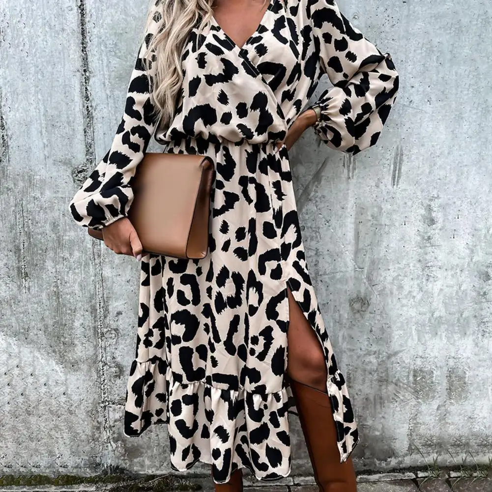 

Skin-touching Charming Ladies Autumn Leopard Print A-Line Long Dress Breathable Holiday Dress Side Split Hem Female Clothing