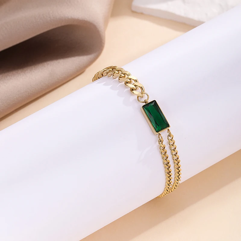 

Obega Shiny Green Crystal Bracelet For Women Gold Plating Geometric Charm Wrist Bracelets Bangles Girl Exquisite Jewelry Gift