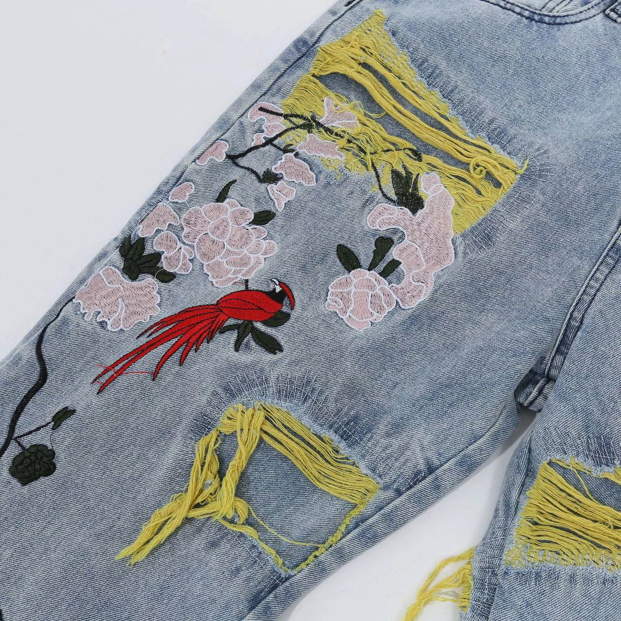 Hip Hop Ripped Denim Pants Jeans Streetwear Embroidery Flower Bird Denim Trousers Harajuku Hole Jeans Pants