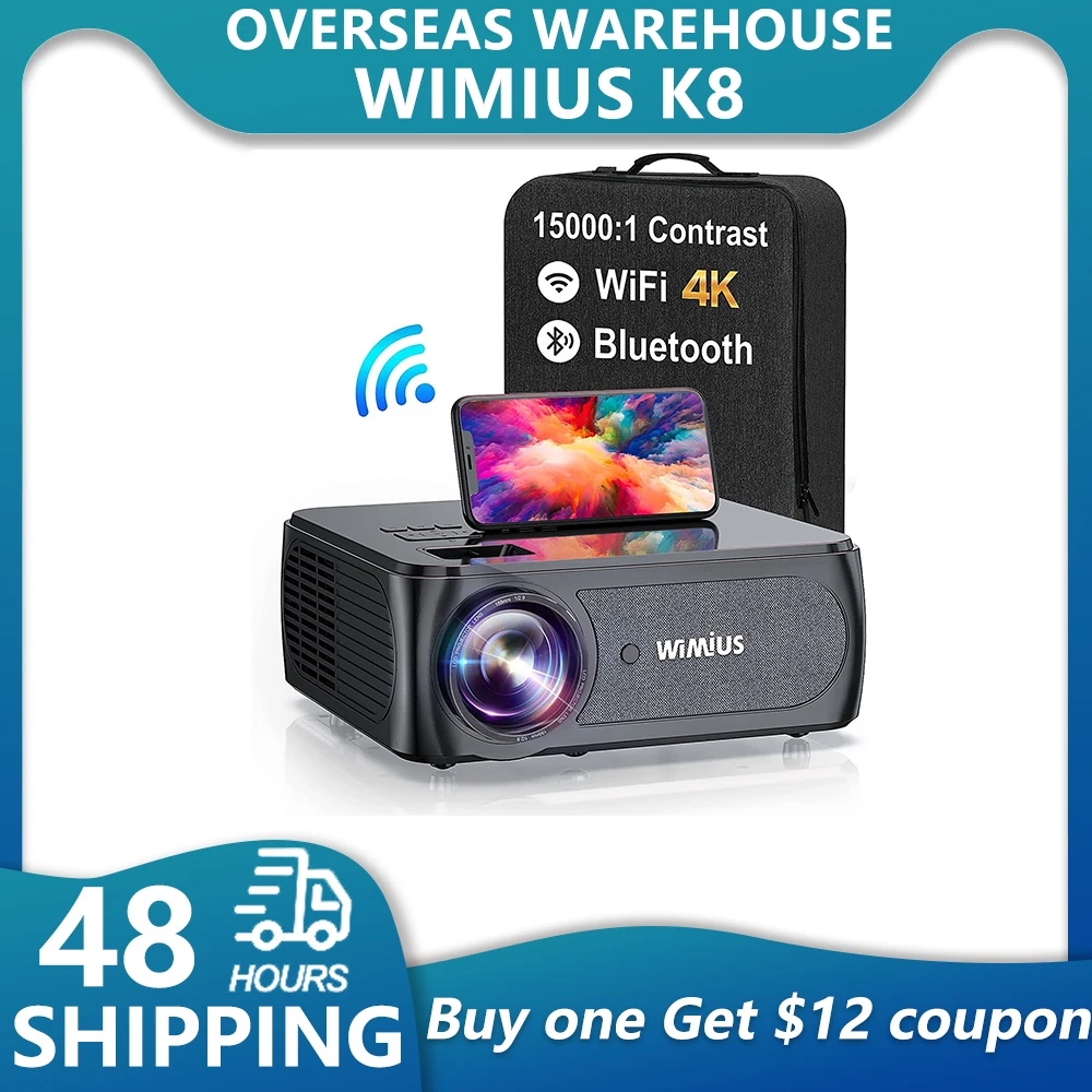 

WIMIUS K8 4K Projectors 5G WiFi Bluetooth Full HD Projector Native 1080p 15000 Contrast 4P/4D Keystone Outdoor Video Projector