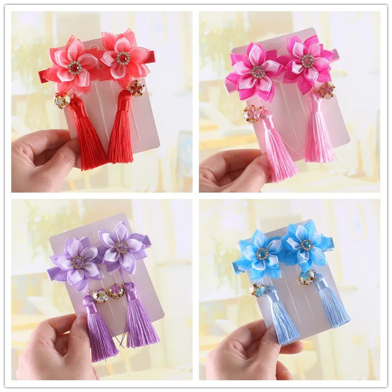 

2PCS New Girl Tassel Hairpin Hanfu Antique Baby Flower Small Bell Ribbon Hair Clips Headdress 4Colour
