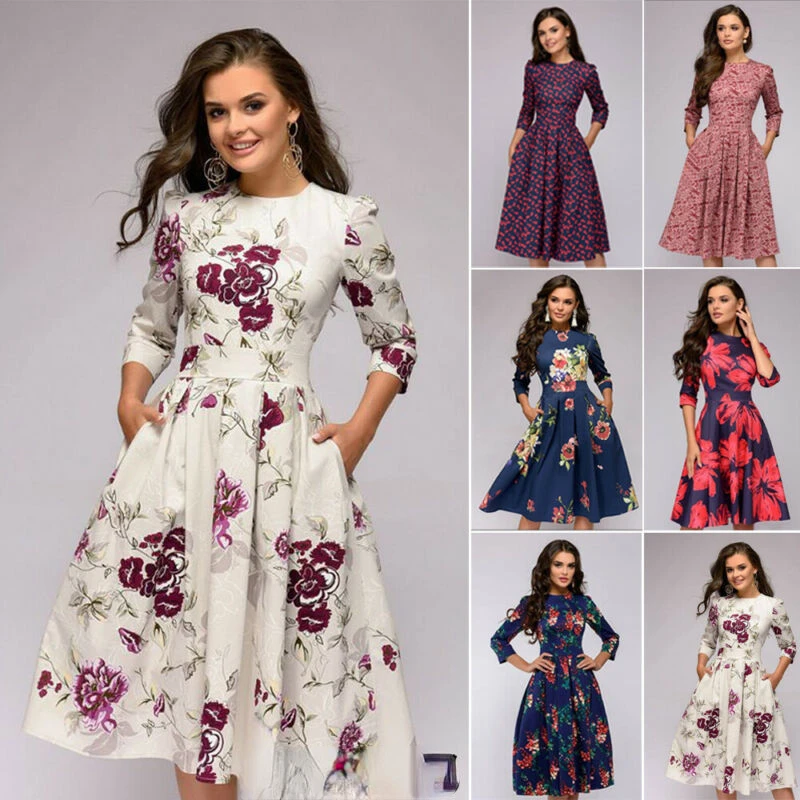 

Женская туника в стиле ретро 3/4, облегающие платья с длинным рукавом и цветочным принтом, винтажное платье, элегантное женское платье Вечерн...