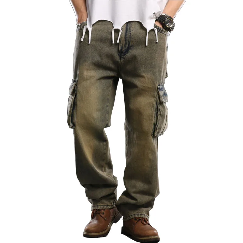 Men High Street Cargo Vintage Jean Pants Multi Pockets Washed Straight Denim Trousers For Male Plus Size 30-46