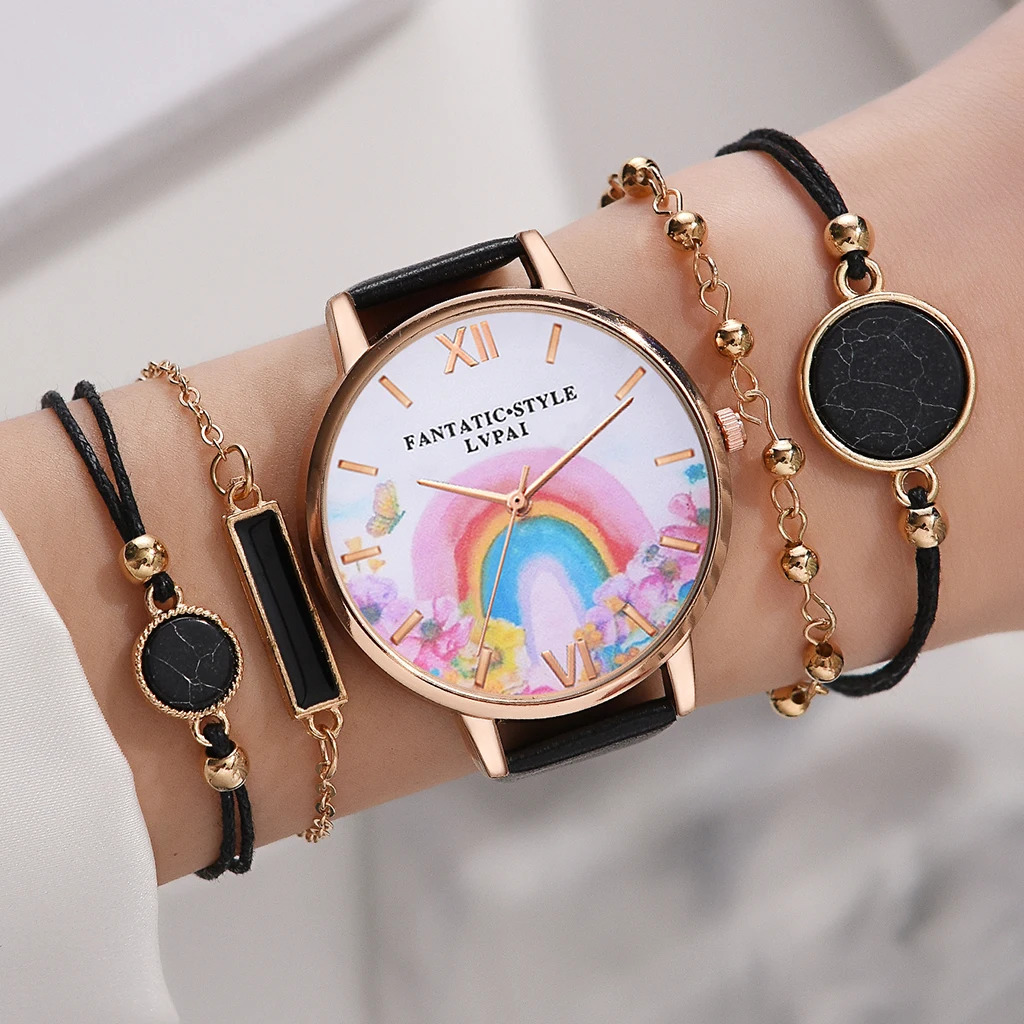 

Lvpai Brand 5PCS Watch Set Fashion Women Luxury Flower Dial Analog Quartz WristWatch Ladies Watch Reloj Mujer Black Clock New