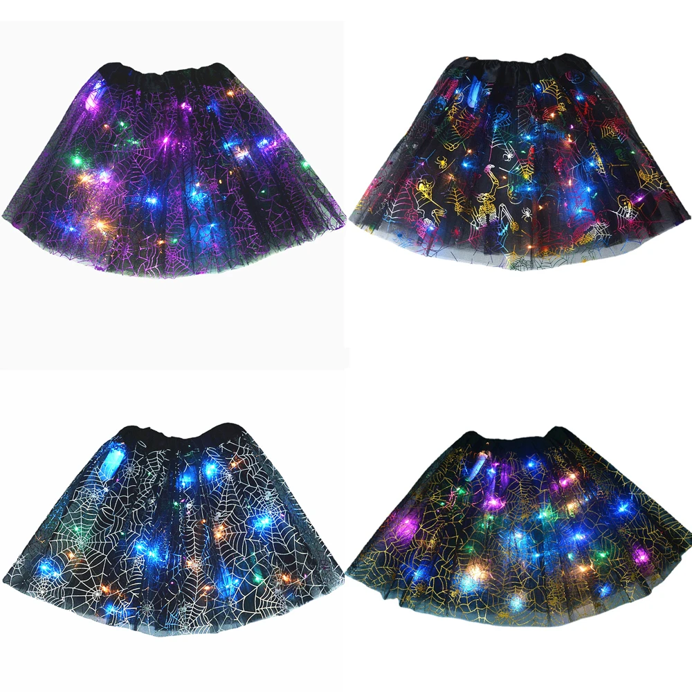 

1PCS Women Adult Girls Kids Horrible Scary LED Glow Tutu Light Up Spider Web Cobweb Skirt Halloween Costume Decoration Candy Bag