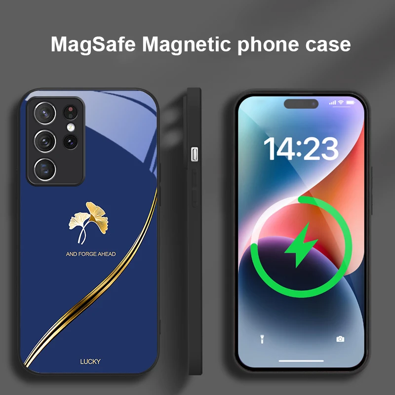 Фото Золотая фольга с листьями гинкго для Samsung S 25 S25 Edge S25Ultra S8 9 10 20 S21 Pro S22 Plus S23 FE S24 Ultra Magsafe Glass Phone Case №3
