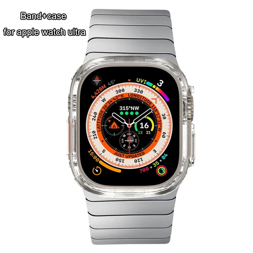 

For apple watch band ultra 49mm series 8 7 stainless steel strap + PC case no screen protector for iwatch ultra band case cover