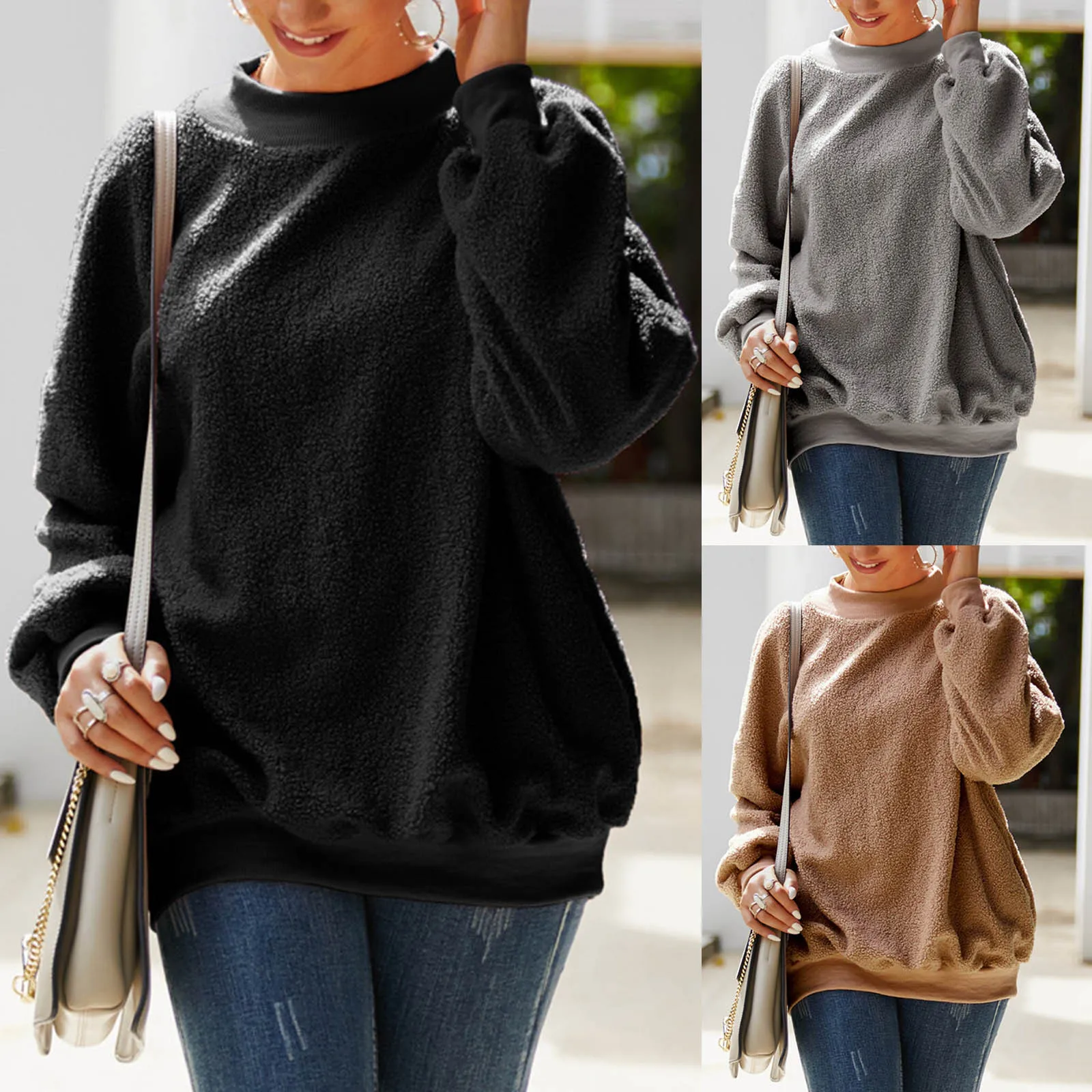 

Women's Autumn And Winter Solid Little Teddy Europe And America Casual Round Neck Long Sleeve Kawaii Jumper Graphic