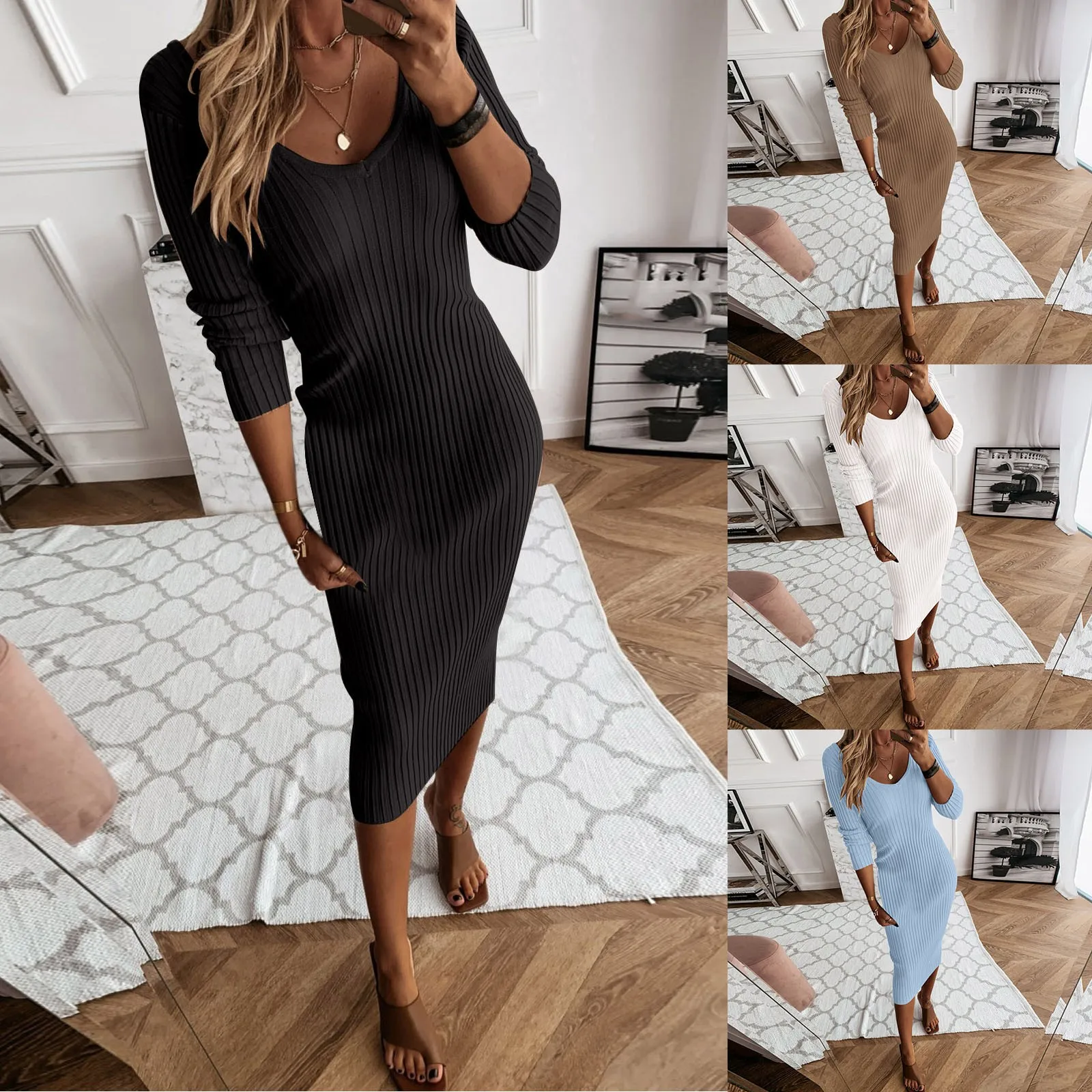 

Womens Long Sleeve V Neck Knitted Pencil Dress Jumper Long Dress Ladies Dress Party Dress Short Maxi Dresses for Women