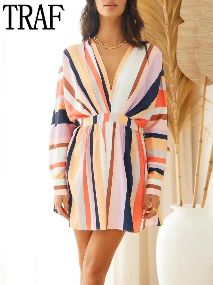 

TRAF 2022 Striped Dress Woman Pleated Short Dress Women Long Bat Sleeve Casual Dresses for Women Streetwear Summer Female Dress