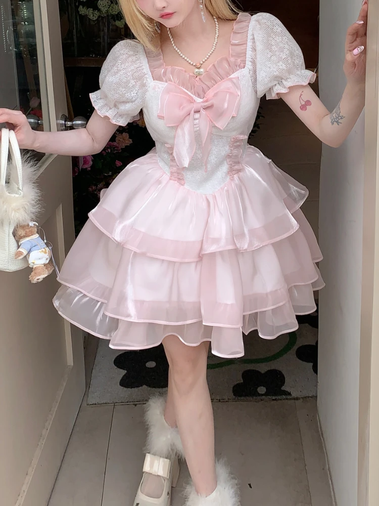 

Summer 2023 Pink Lolita Kawaii Dresses Women Bow Lace Fairy Mini Dress Female Casual Korean Fashion Elegant Princess Dress