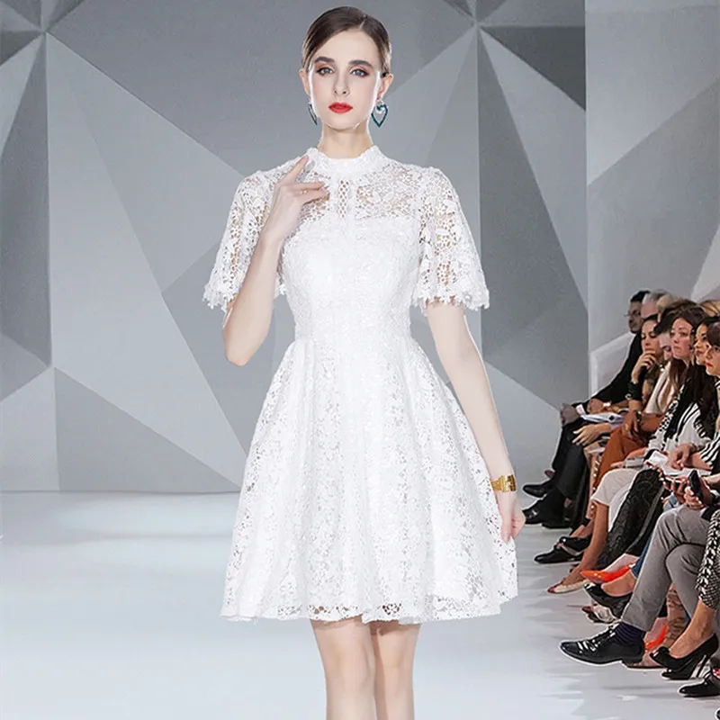 

Ladies Elegant White Lace Dresses Women's Summer Luxury Flare Sleeve Fashion Hollow Out High Waist A-Line Party Short Dress