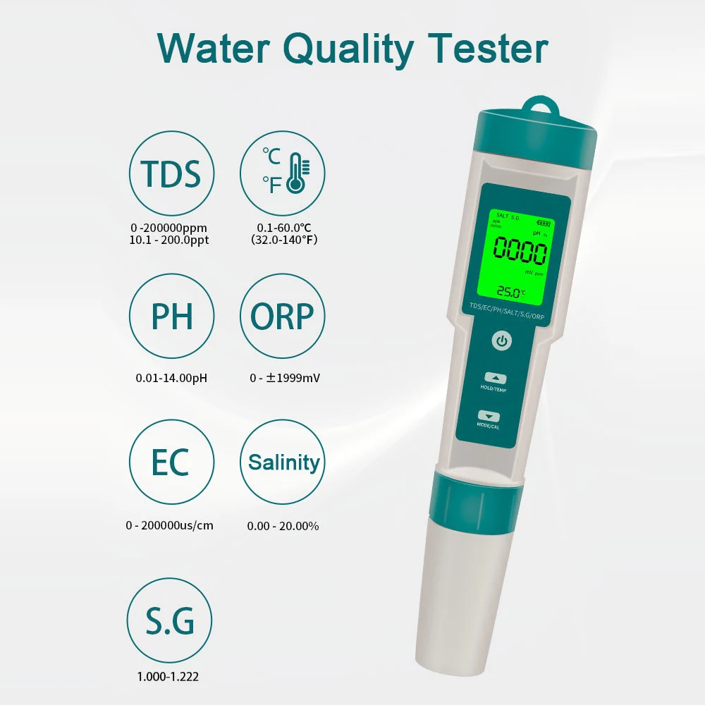 

7 in 1 Salinity/PH/TDS/EC/ORP/SG/TEMP LCD backlight Water Quality Meter Tester IP67 Pen Type for Food, Farming, Fish Pond,Soup