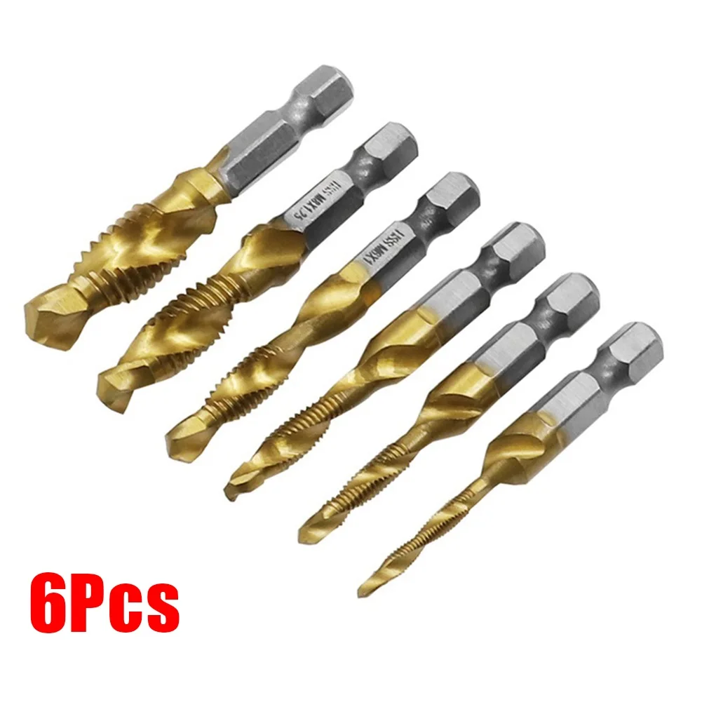 

6pcs Titanium Plated Hex Shank HSS Screw Thread Metric Tap Drill Compound M3/M4/M5/M6/M8/M10 Hand Drilling Tools